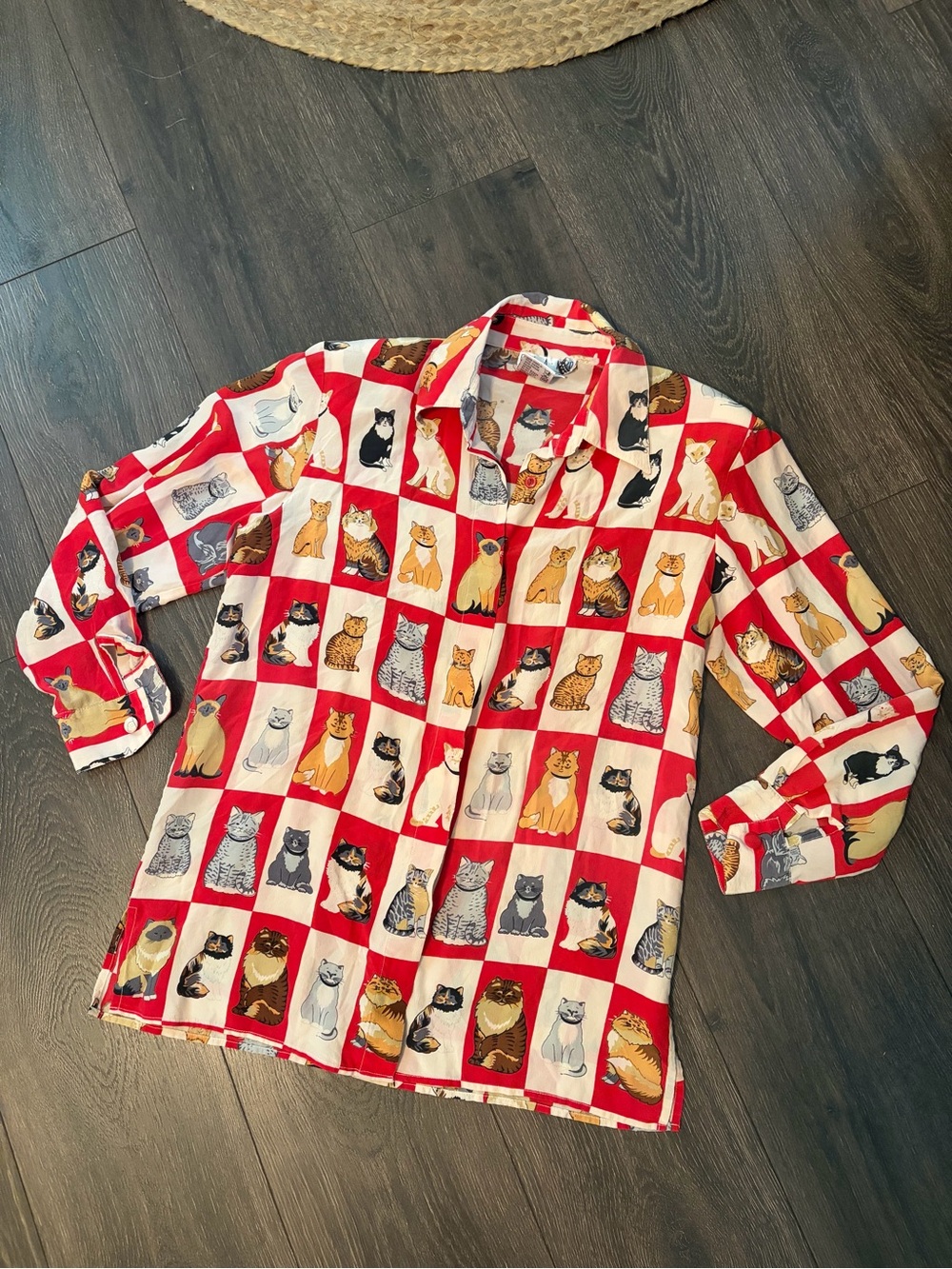 VTG Piano Women's Silk Shirt Size Medium House Cat Art to Wear Shoulder pads